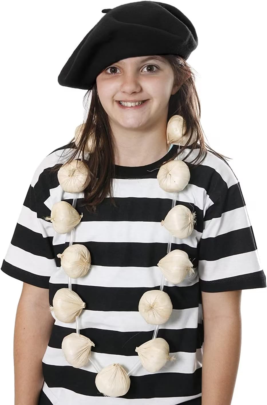 Black And White Striped T-Shirt + Black Beret + Garlic/Onions Garland Set Necklace French Or Vampire Slayer Fancy Dress Bastille Day (X-Large)
