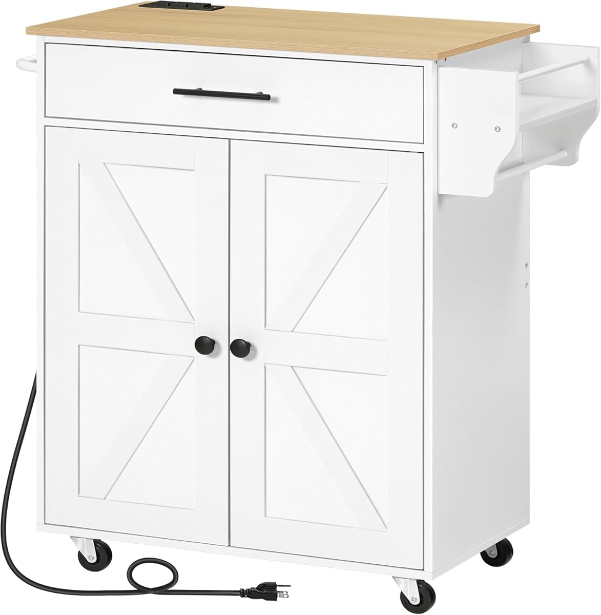 HOOBRO Kitchen Island with Power Outlet, Kitchen Storage Island with Large Worktop, Spice Rack and Drawer, Rolling Kitchen Cart on Wheels, for Kitchen and Dining Room, White and Natural WN88UZD01