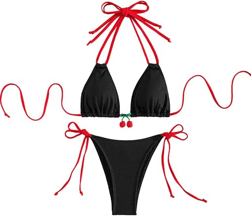 Womens Sexy Halter Bikini Set Strappy Triangle Top Thong Briefs 2 Piece Swimsuit Cute Bathing Suit