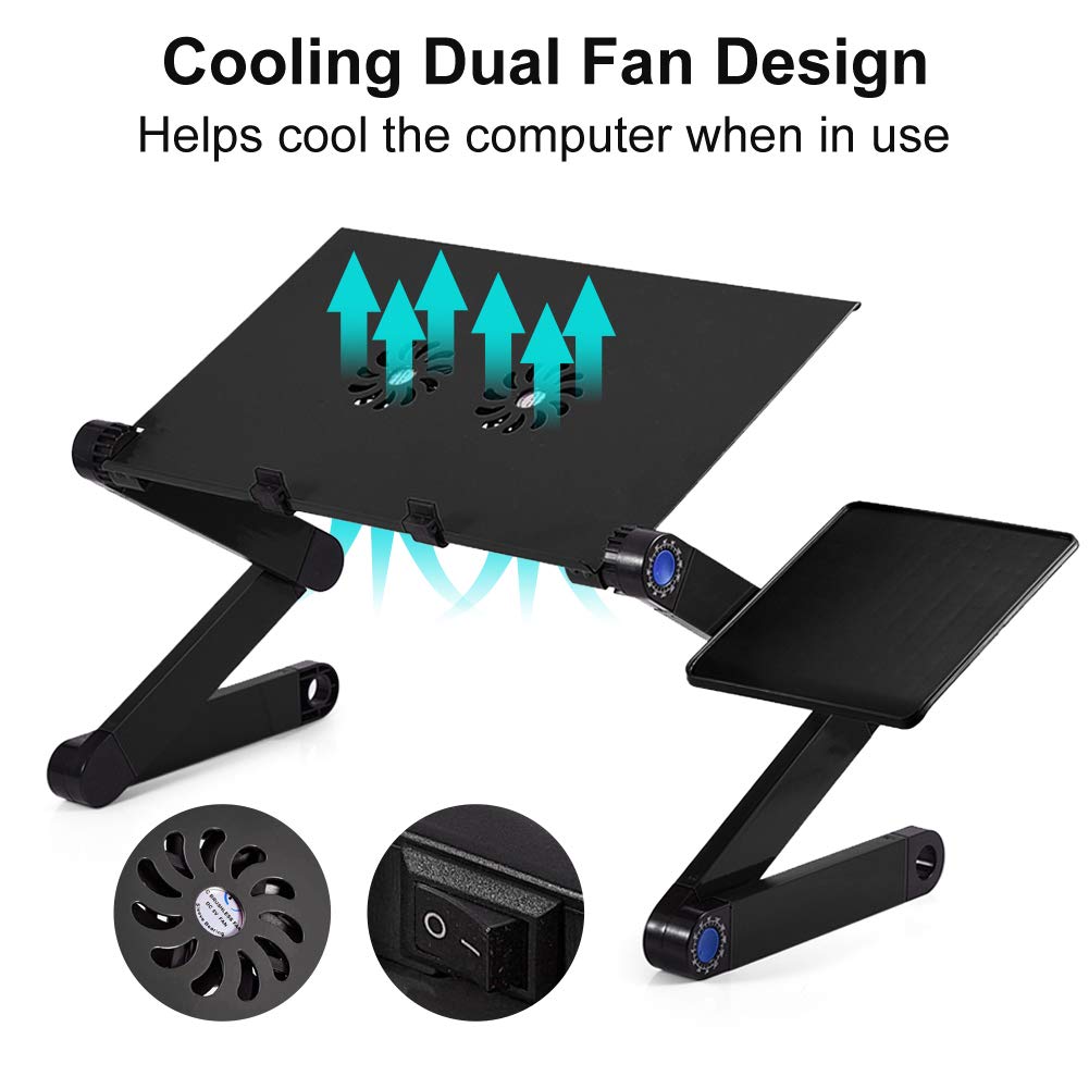 Klappbarer Laptop Tisch aus Aluminium, Computer Ständer mit 2 Lüftern und Mausablage, 360° Verstellbar, Tragbar, für Bett und Sofa, Schwarz
