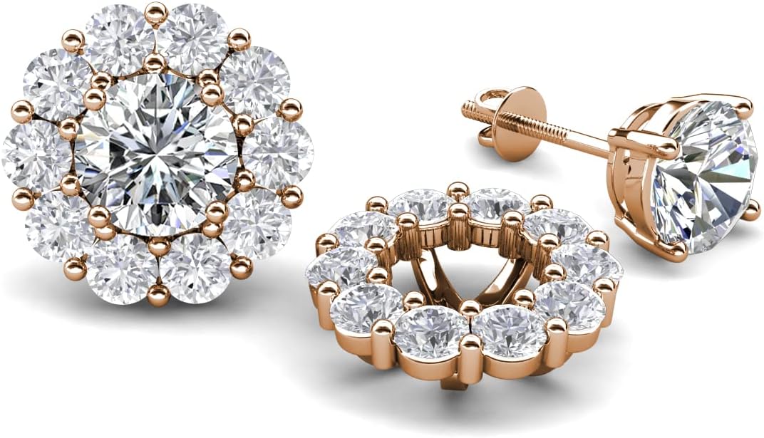 Round White Sapphire 3.40 ctw Halo Jackets for Stud Earrings in 14K Red Gold