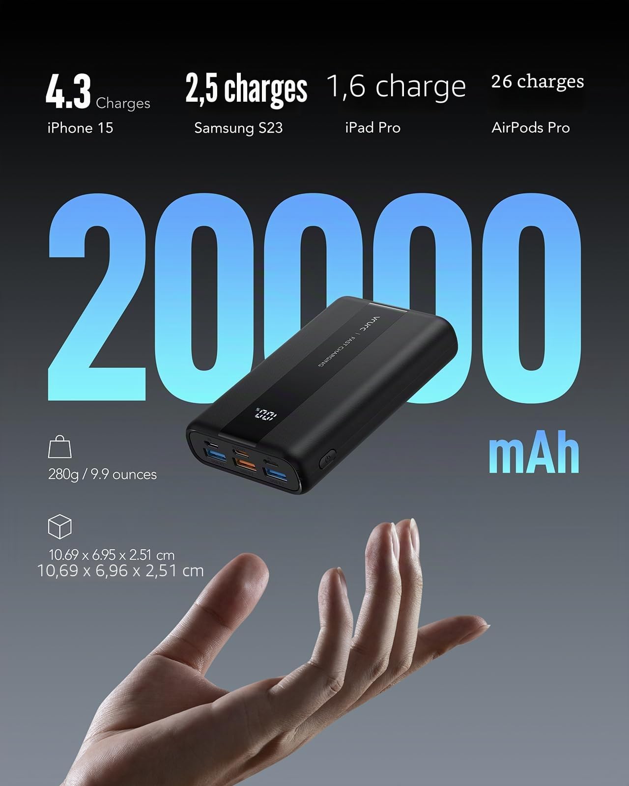 VRURC Batterie Externe 20000mAh USB C Mini Power Bank Charge Rapide 22.5W Batterie Portable avec 3 Ports USB Sortie et LED Display pour iPhone,Huawei,Xiaomi etc