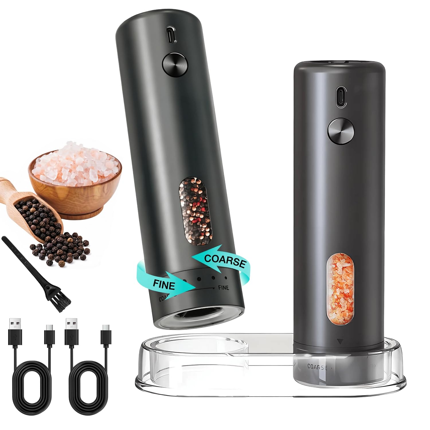 Macina Sale e Pepe Elettrico Set, Macina Spezie e Sale Grosso Elettrico con Base, Macinapepe Grinder in Ceramica Rugosità Regolabile, Set Trita Spezie Automatici Ricaricabile USB per Cucina e Tavola