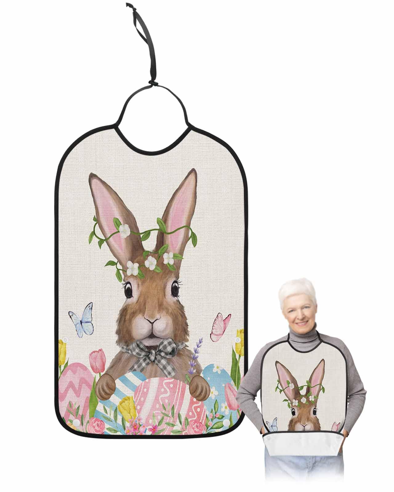 LEOKOTI Spring Floral Easter Adult Bibs for Eating, Waterproof Bibs with Food Catcher & Adjustable Snap Closure, Bunny Colorful Eggs Tulip Rustic Washable Clothing Protectors Adult Bibs for Elderly