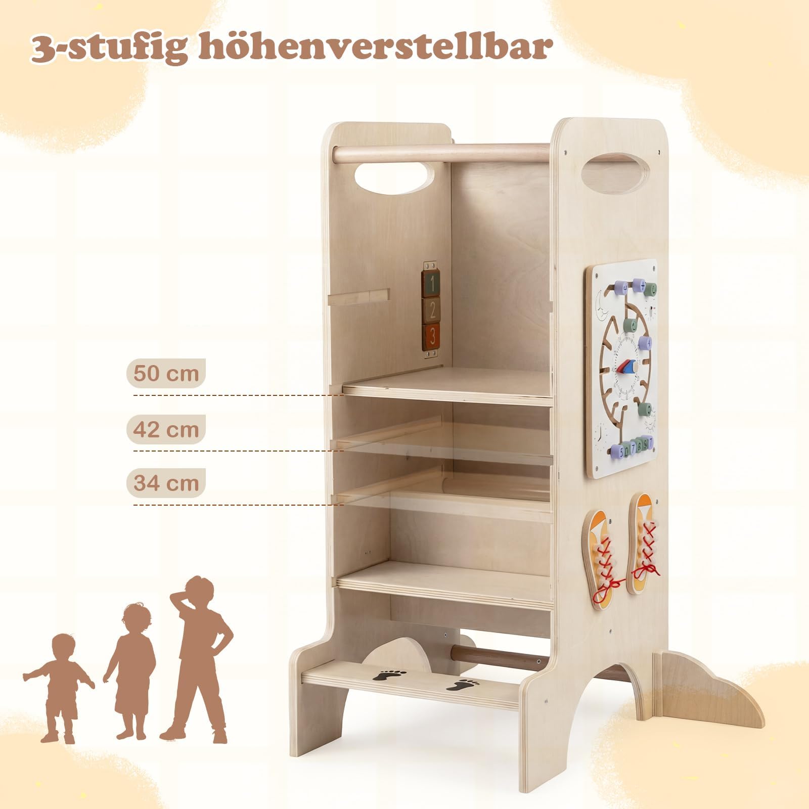 COSTWAY 4 in 1 Lernturm mit Spieltablett, Tritthocker Montessori mit 3 verstellbaren Höhen & Abnehmbarer Tafel, Trittleiter aus Buchenholz, Trittschemel für Kinder ab 3 Jahren
