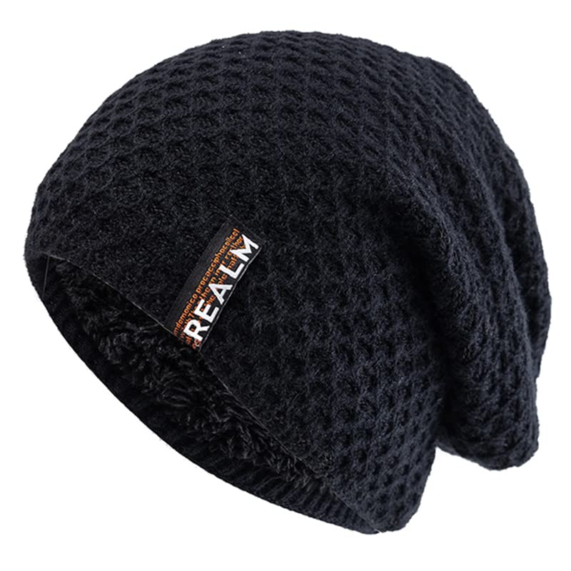 Cappelli invernali unisex per uomini e donne cappello caldo da sci Beanie cappello lettera etichetta Decor cappello lavorato a maglia termico foderato, Nero , Etichettalia unica