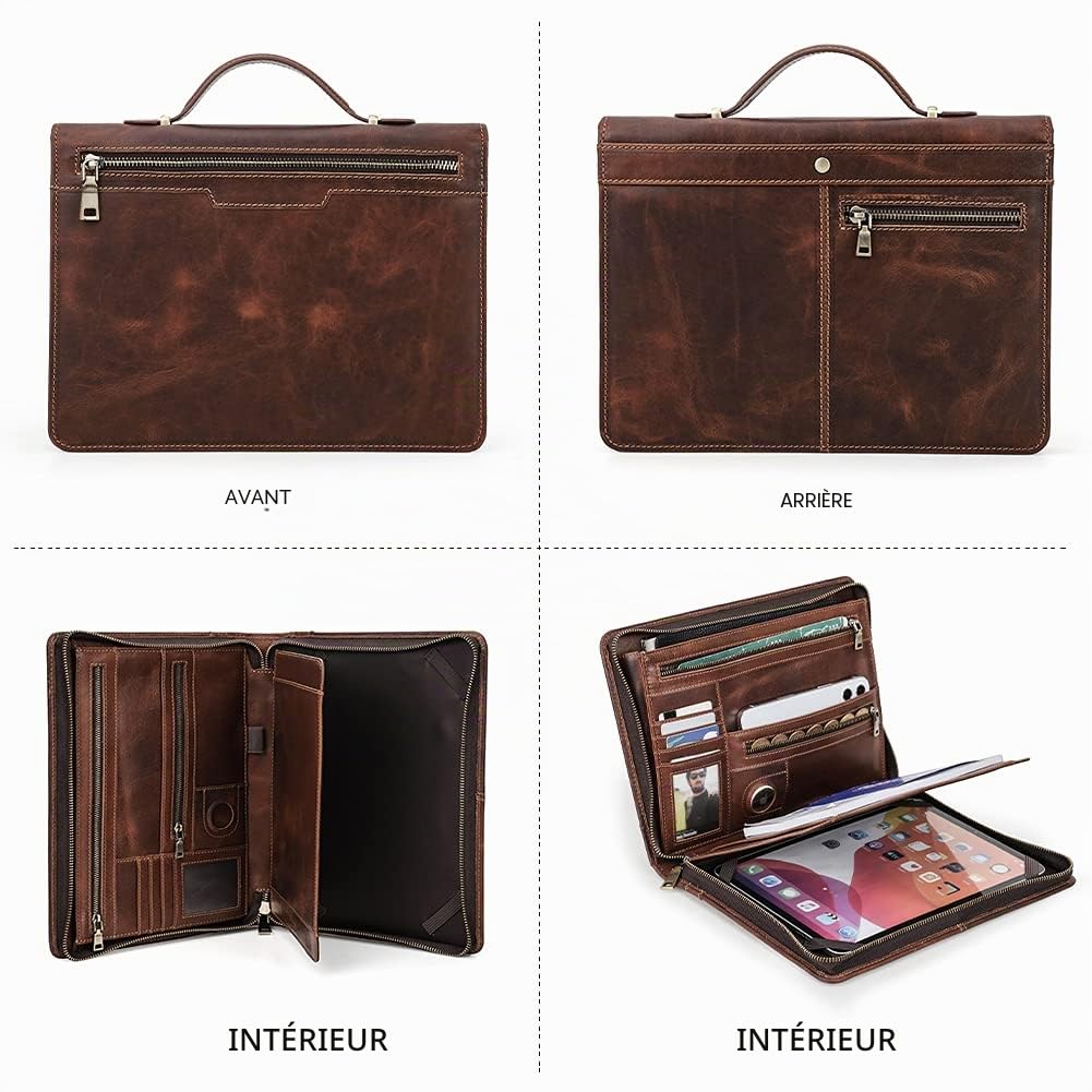 Porte-documents fait à la main en cuir italien pour iPad Pro de 11 pouces, documents de travail, bloc-notes - multifonction - organiseur de documents de conférence en cuir vintage