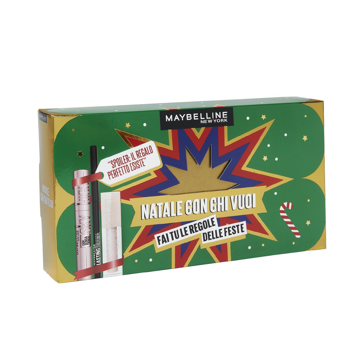 Maybelline New York Cofanetto Regalo, Con Mascara, Matita Occhi e Gloss, Collezione Natale con Chi Vuoi 2024, Mascara Sky High, Matita Occhi Lasting Drama, Lucidalabbra Lifter Gloss