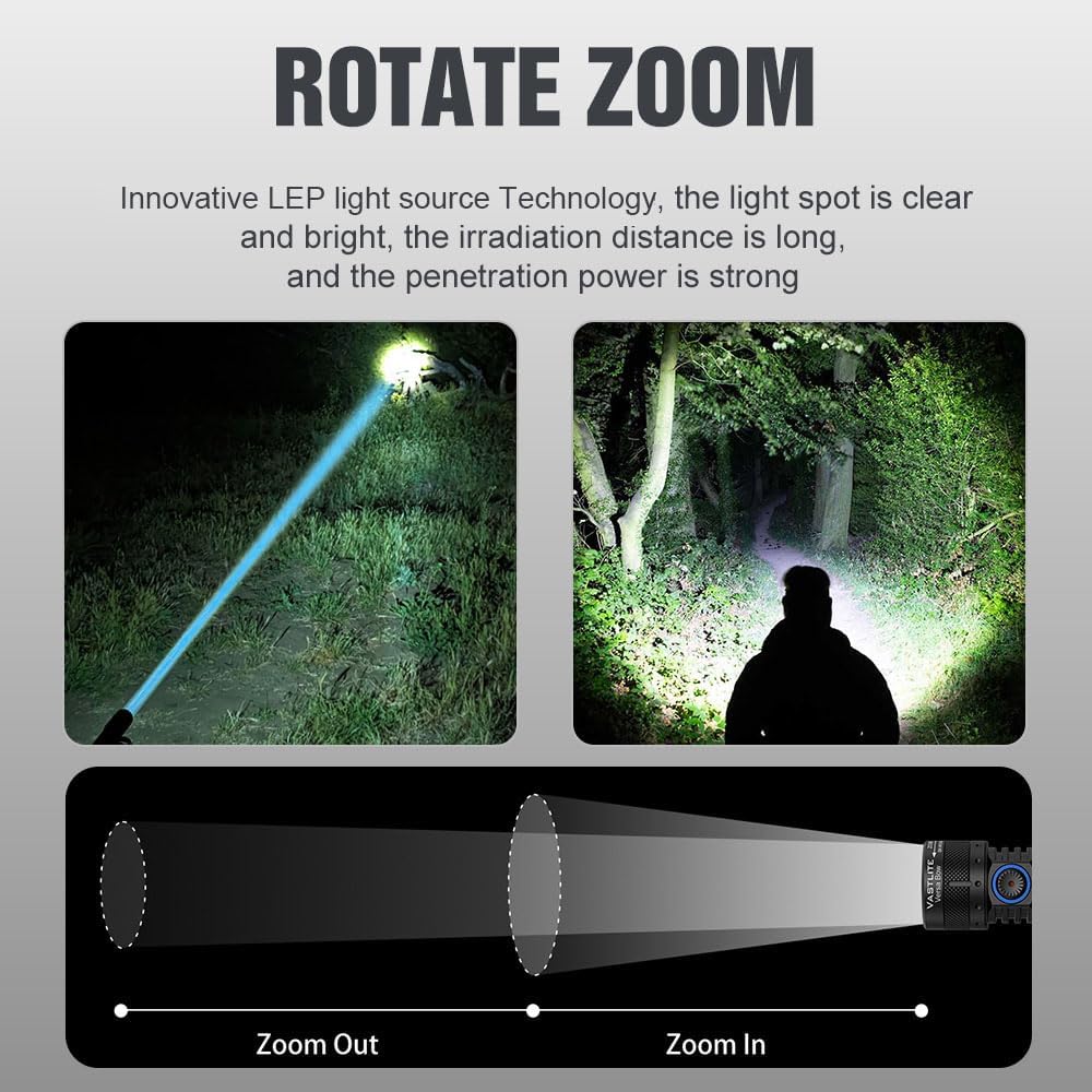 Vastlite Versa Bow Zoom LEP Flashlight 400LM,Range of 3937 feet 3 Modes LEP Flashlight with Flood and Spotlight Functions,High Brightness,Long Range,and High Collimation Characteristics (Black)