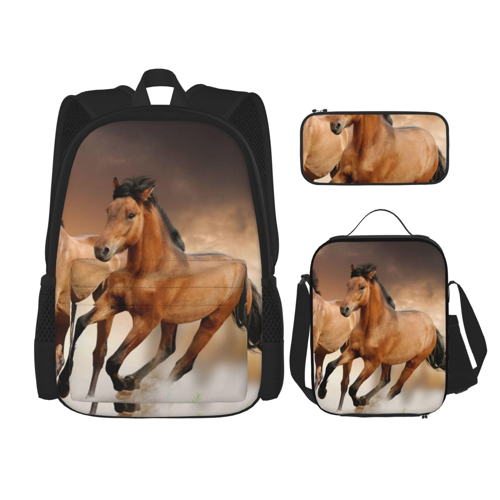 YSOLDA Juego de mochila, mochila escolar, mochila, juego de 3 piezas con bolsa de almuerzo, estuche para lápices,Impresión de caballo corriendo