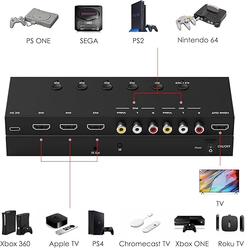 Miniatura 10 de RuiPuo Convertidor AV a HDMI de 4 puertos, conmutador AV a HDMI de 4 puertos con control remoto IR, compatible con 16943 y interruptor rápido