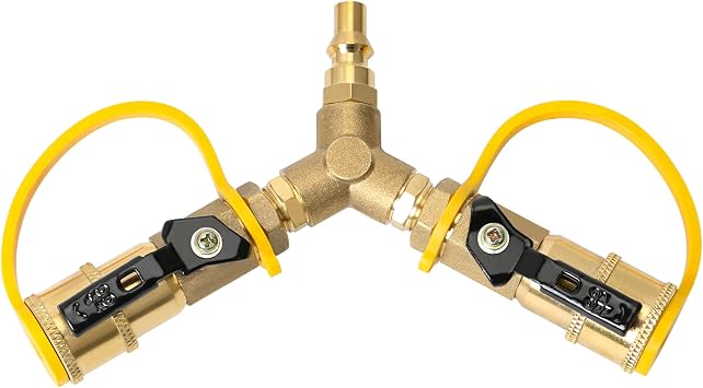 ATKKE 1/4 RV Propane Y Splitter Adapter Quick Connect Fitting with Shutoff Valve for RV Trailer, 2 Way LP Quick Disconnect Fitting Connect to Hose for Motorhome Camping Tabletop Grill