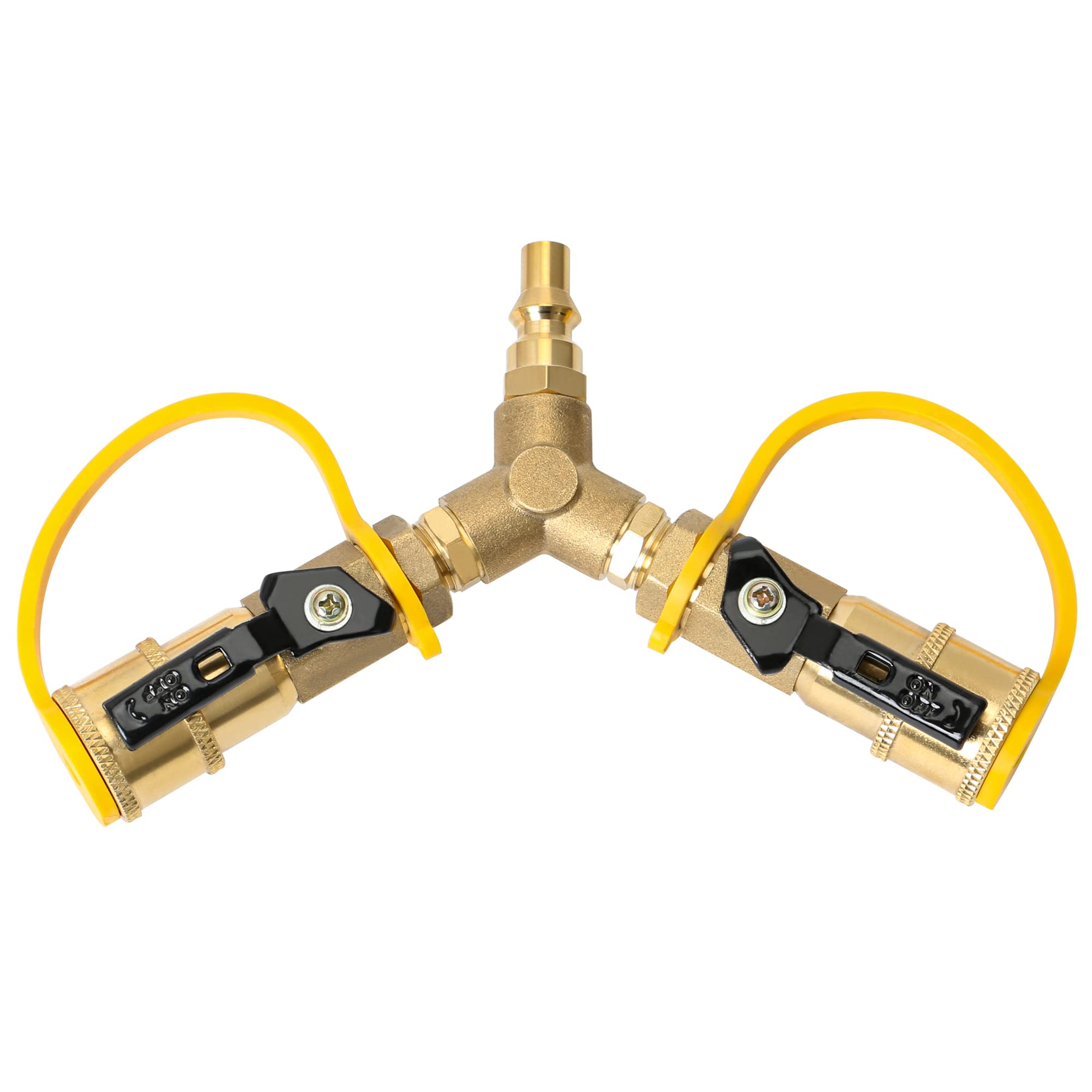 ATKKE Adaptador divisor en Y de propano RV de conexión rápida de 1/4 pulgadas con válvula de apagado para remolque RV, adaptador de gas de vuelta de 2 maneras para manguera de desconexión rápida para