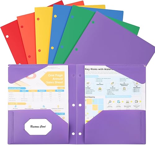 Paquete de 6 carpetas de bolsillo con 3 agujeros, carpetas de bolsillo de plástico, carpetas de papel con 2 bolsillos, bolsillos para carpetas de