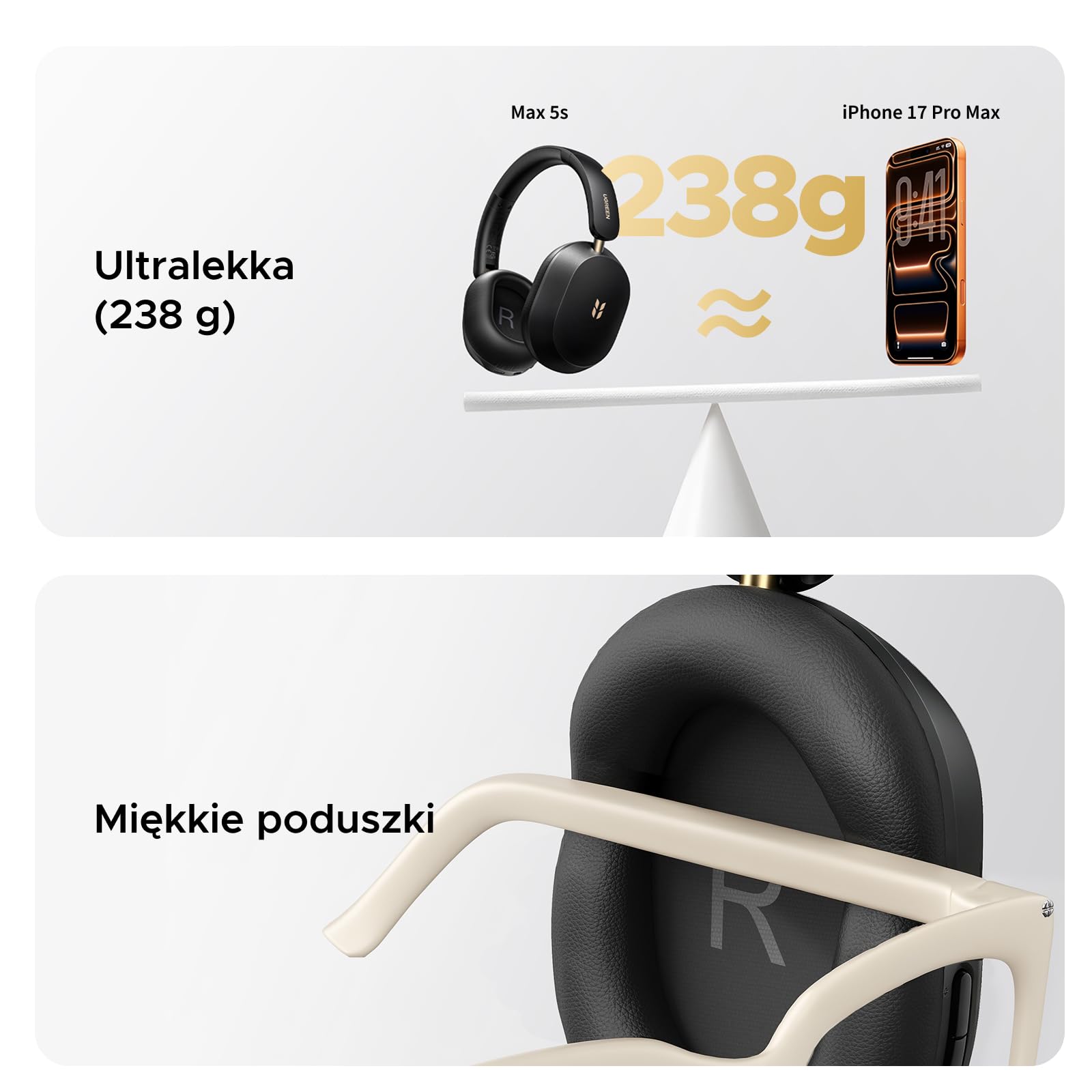 UGREEN HiTune Max5s Bluetooth Over Ear z -45 dB Hybrid-ANC | bezprzewodowe bluetooth z LDAC, Hi-Res Podwójne złoto i LDAC, 112h baterii, 5-mikrofon AI-ClearCall, Lekka konstrukcja