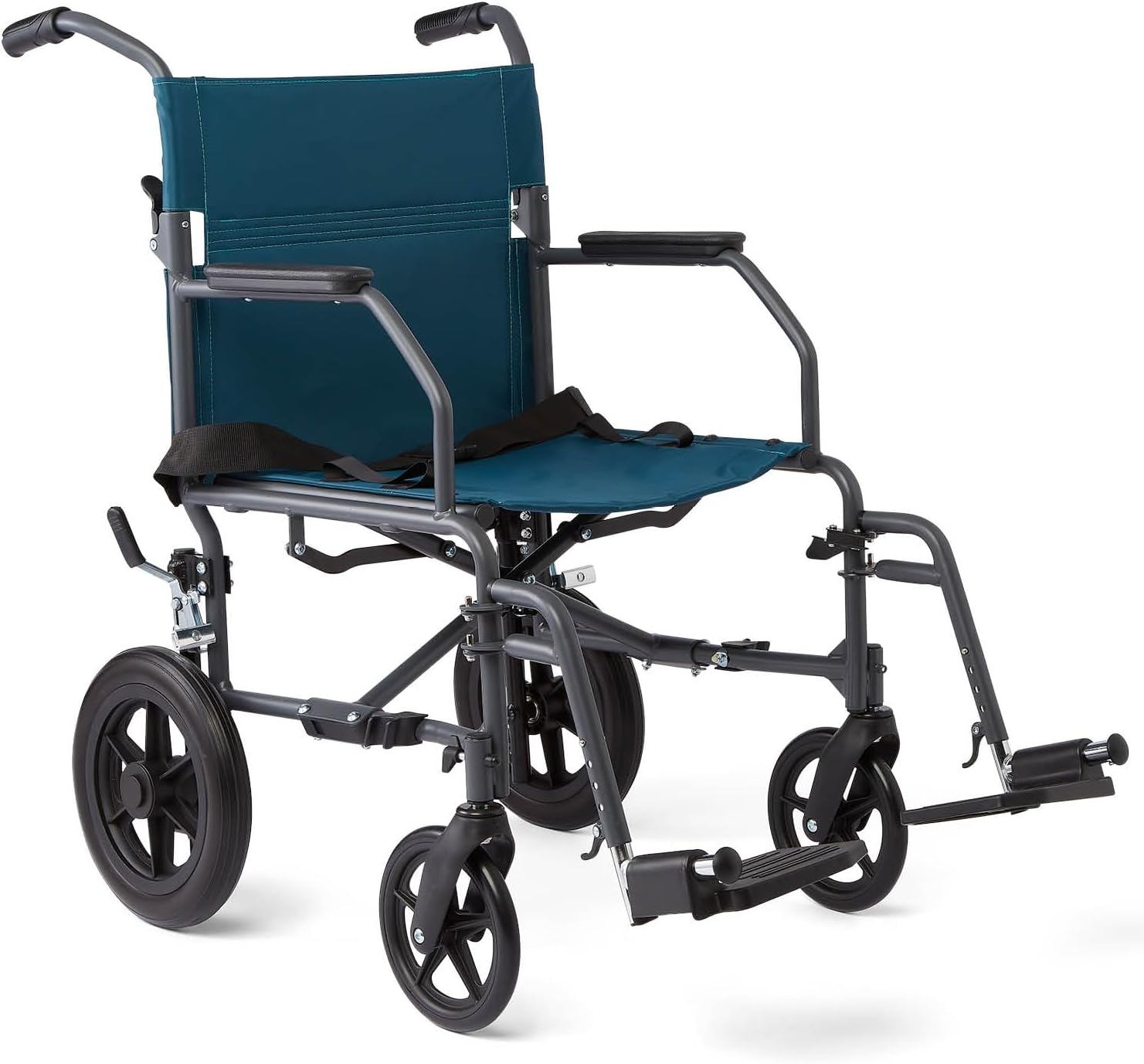 MedlineTransport Wheelchair with Lightweight Steel Frame, Folding Chair is Portable, Large 12 inch Back Wheels, 19 inch Wide Seat, Teal