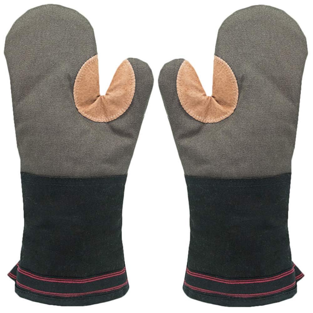AYADA Guantes Horno Gruesos Largos Grandes, Manoplas Horno Cocina Profesional Antideslizante Lona Fibra de poliéster Cuero Oven Gloves (Gris)