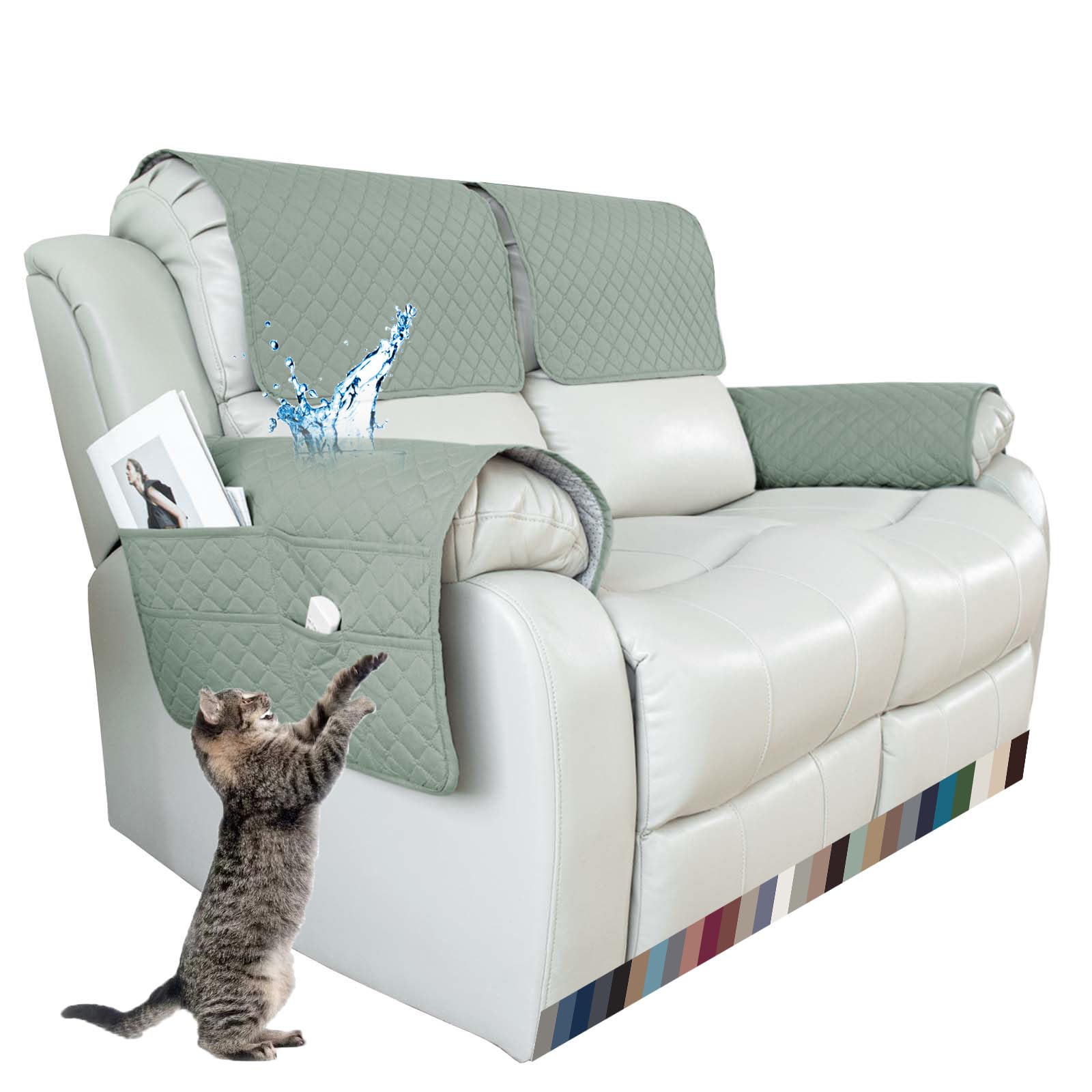 NNSMUN Sofa Armrest Cover, 1/2/3 Seater Sofa Headrest Slipcovers Nonslip Armchair Cover Quilted Water Proof Furniture Protector for Pets Sofa Couch (Light Green,2 Seater(4pcs))