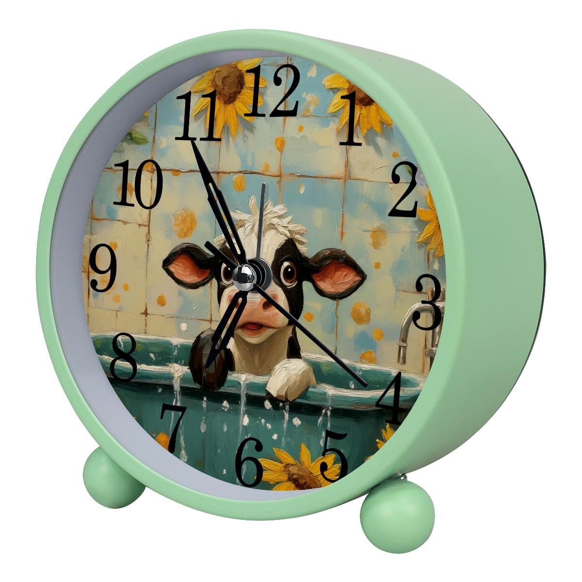 Alarm Clock Funny Cow Sunflower, Silent Non-Ticking with Night Light