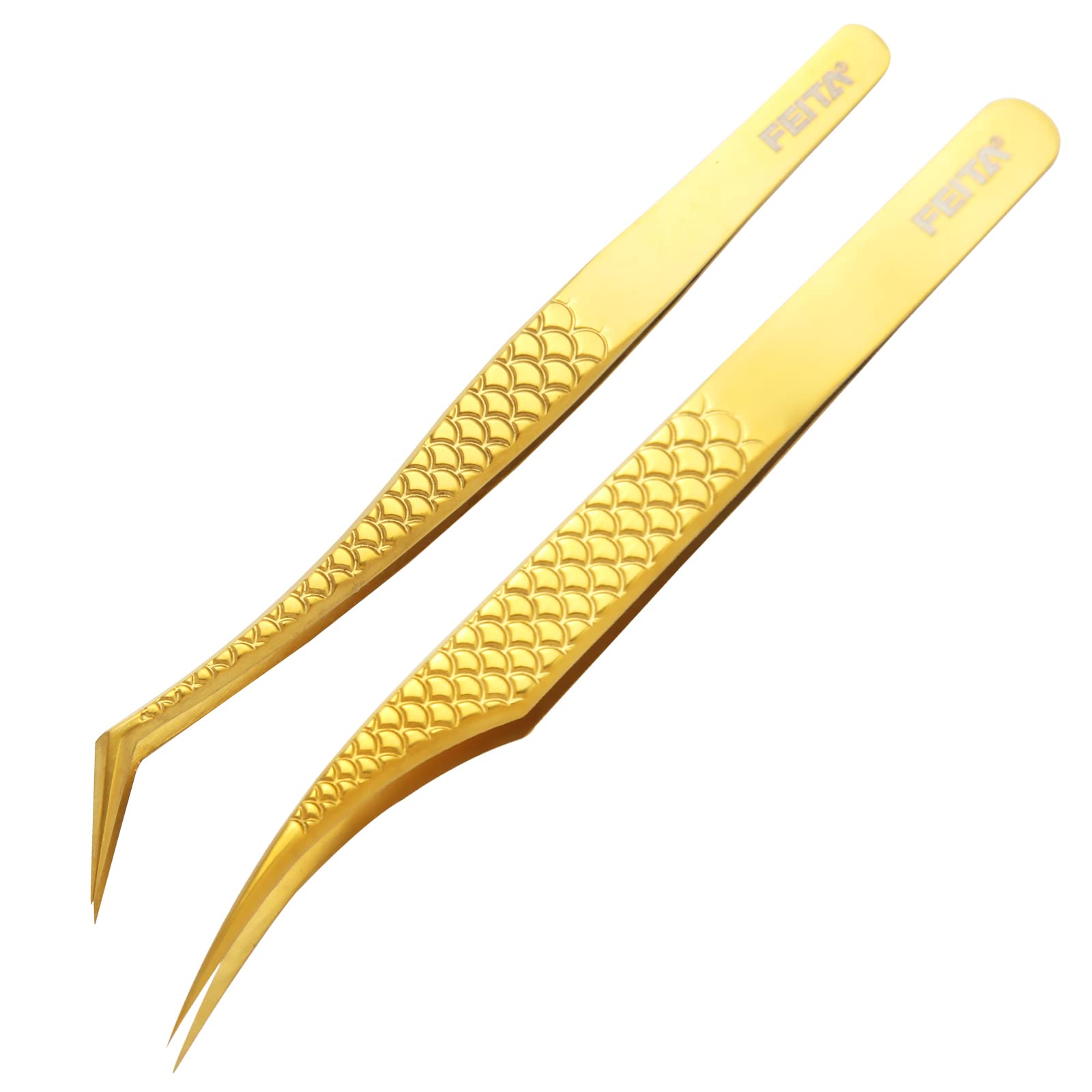 FEITA Diamond Grip - Pinzas de precisión para extensiones de pestañas, acero japonés, con forma de delfín y punta angulada, herramientas de aplicación de pestañas postizas, color dorado, 2 unidades
