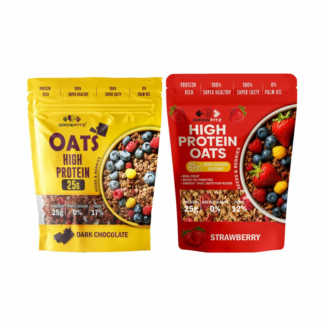 GrowFitz 25g High Protein Oats 800 Gram, Pack of 2 | Chocolate & Strawberry Flavor Combo Breakfast Oatmeal | 17g High Fiber, Almonds, Raisin, Pumpkin, Chia Seeds, Super Rolled Oats | No Added Sugar