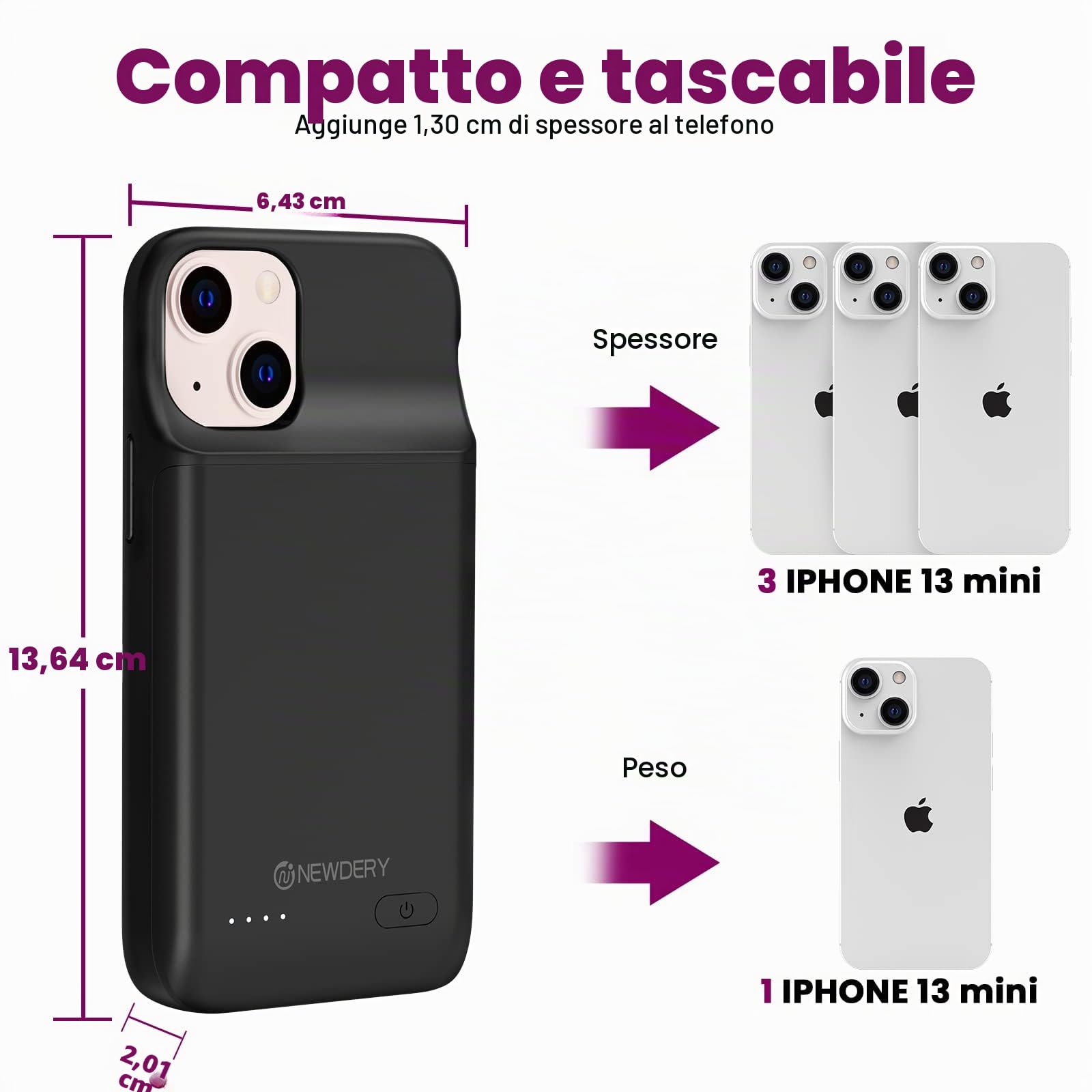 NEWDERY Custodia Batteria Per iPhone 12 Mini & 13 Mini, 4700mAh Protettiva Portatile, Ricaricabile Caricabatteria Estesa (5,4 ")
