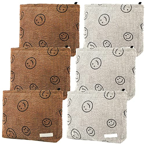 Sotiff 6 Pack Corduroy Cosmetic Bag Smile Face Aesthetic Preppy Makeup Bag Corduroy Toiletry Aesthetic Pouch Travel Smile Bags for Women Purse Corduroy Trendy Makeup Organizer (Beige, Brown)