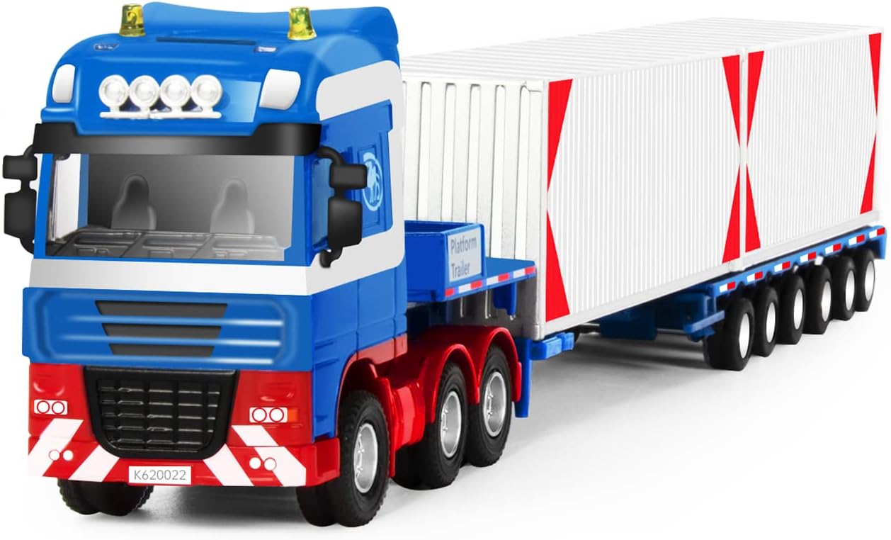 Semi Truck Toys - Fubarbar 1:50 Transport Carrier with Trailer, Double Decker Busfire Cyber Truck, 2 Openable Containers, Perfect for Boys, Toddlers, and Kids' Birthday Parties(Blue)