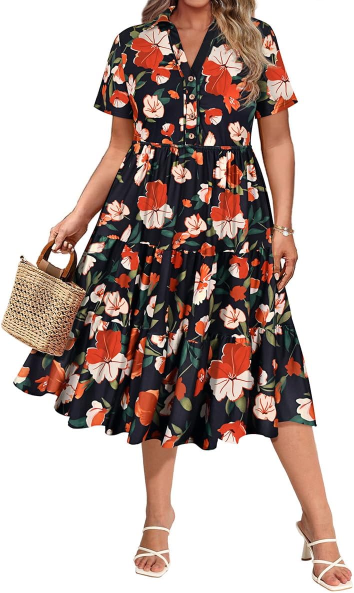 CARCOS Plus Size Dresses for Curvy Women Collared Vneck Short Sleeve Dresses Midi Summer Ruffle Dress with Pocket XL-5XL