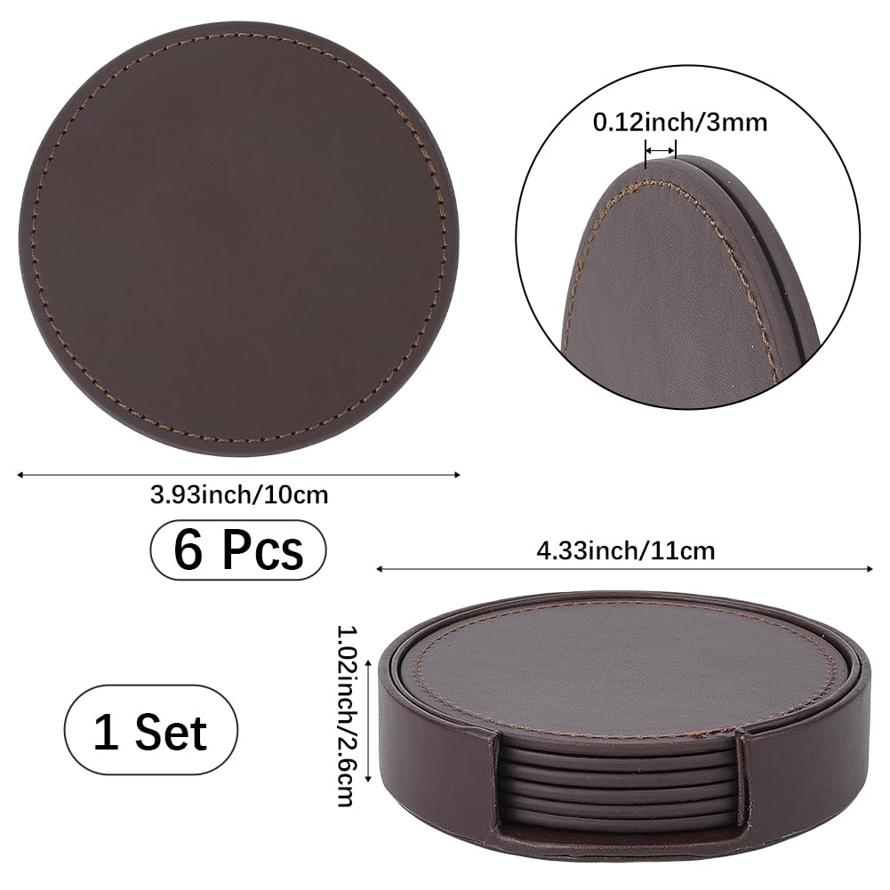 CALFOVERA 6PCS Brown PU Leather Coasters for Table Protection 10cm Round Drink Cup Holders Leather Handmade Table Mats Non Slip Thermal Insulation Pads with Base for Glass Coffee Cup Mug Home Bar - Image 2