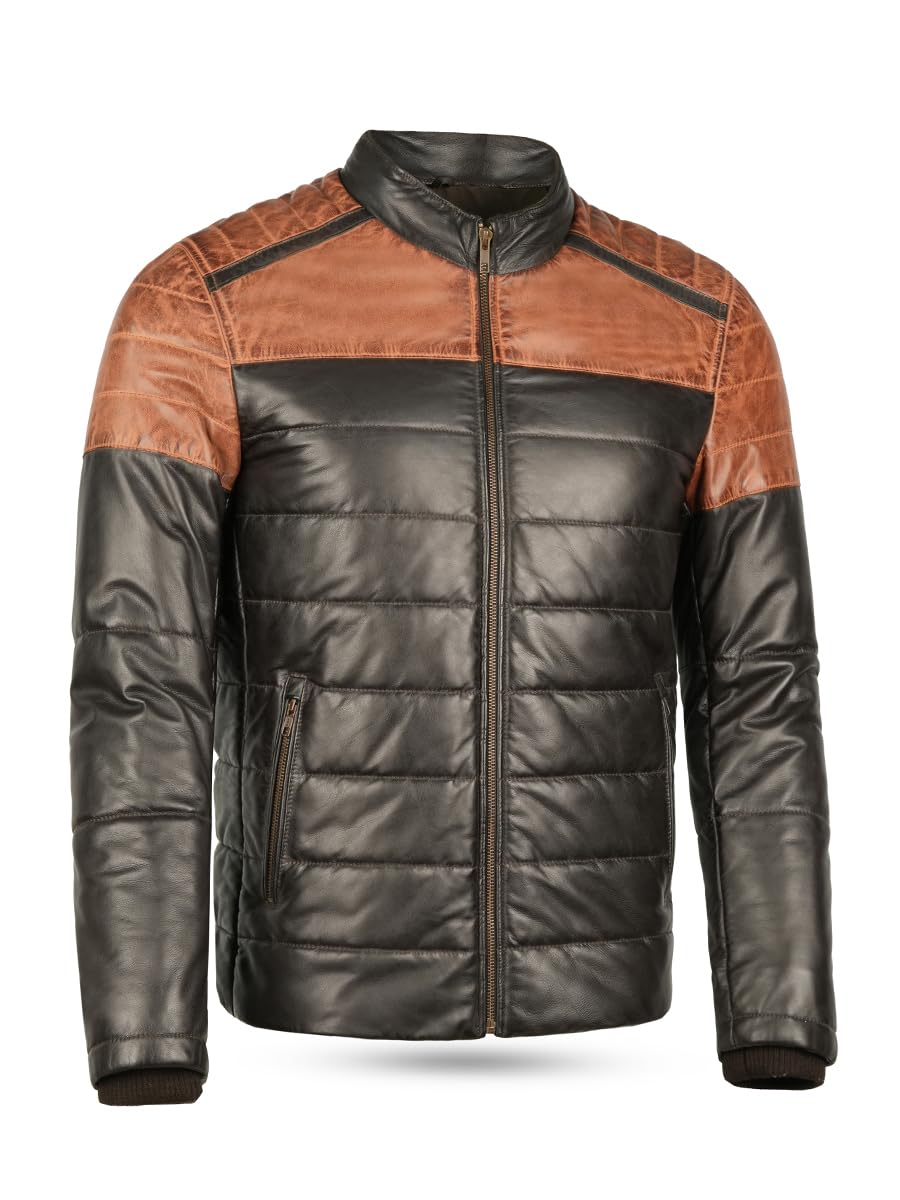 Leatherick Chaqueta acolchada bitono de piel de cordero para hombre: piel auténtica con forro aislante de burbujas, cierre de cremallera y diseño multibolsillos.