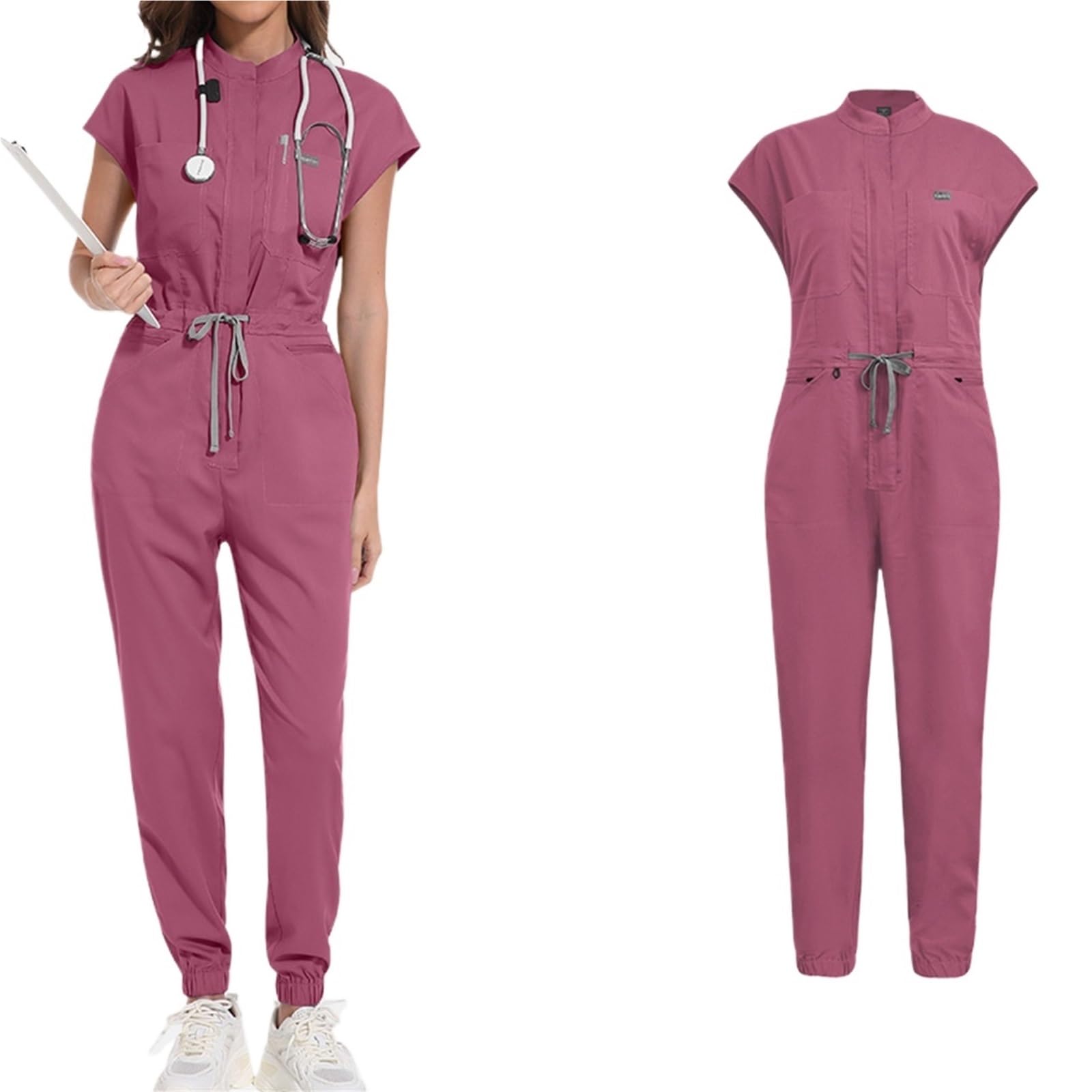 Mono de Enfermera for Mujer, Cuello levantado, sin Mangas, cordón en la Cintura, Uniforme médico con múltiples Bolsillos, Ropa Trabajo for el Cuidado Salud