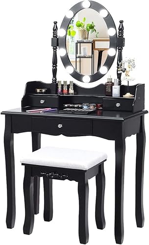 ReunionG - Juego de tocador de maquillaje con espejo giratorio iluminado, mesa de tocador 2 en 1 con parte superior extraíble, 10 bombillas