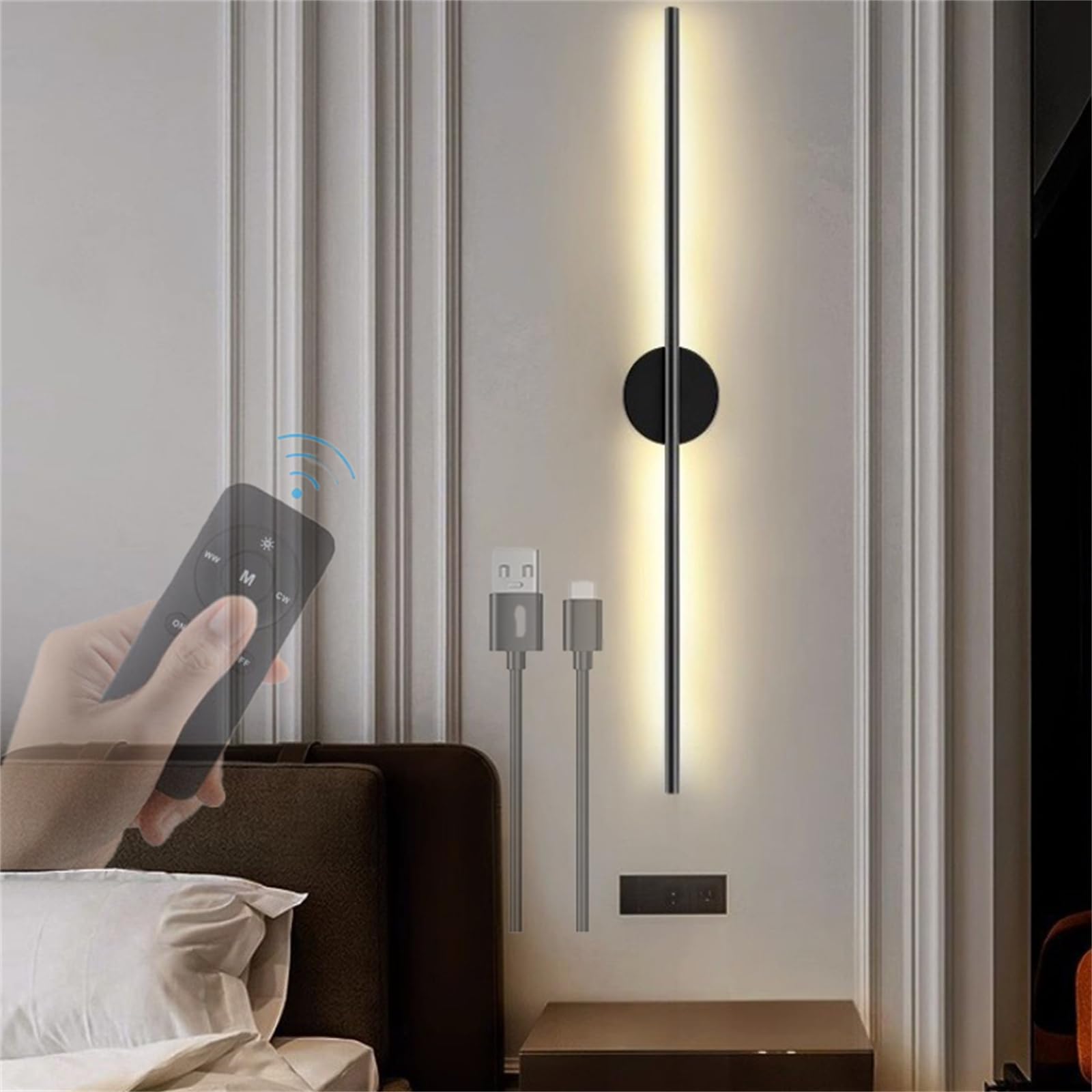 HYJAUSXB Rechargeable LED Wall Lamp with Remote Control 360° Rotation Dimmable Battery-Powered Motion Sensor Wireless Design USB Charging 80cm Cable Black Indoor Sconce.