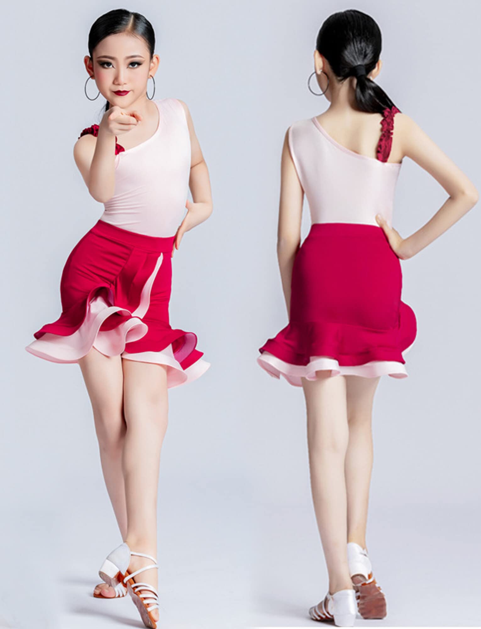 Happy Cherry Kinder Mädchen Kostüm-Set für lateinamerikanischen Tanz, 2-teilig, Ballett, klassischer Tanz und asymmetrischer Rock mit Rüschensaum für Tango Samba Rumba
