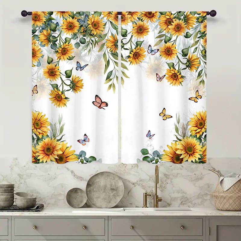 Famiffty Yellow Sunflower Country Kitchen Curtain 27.5W X