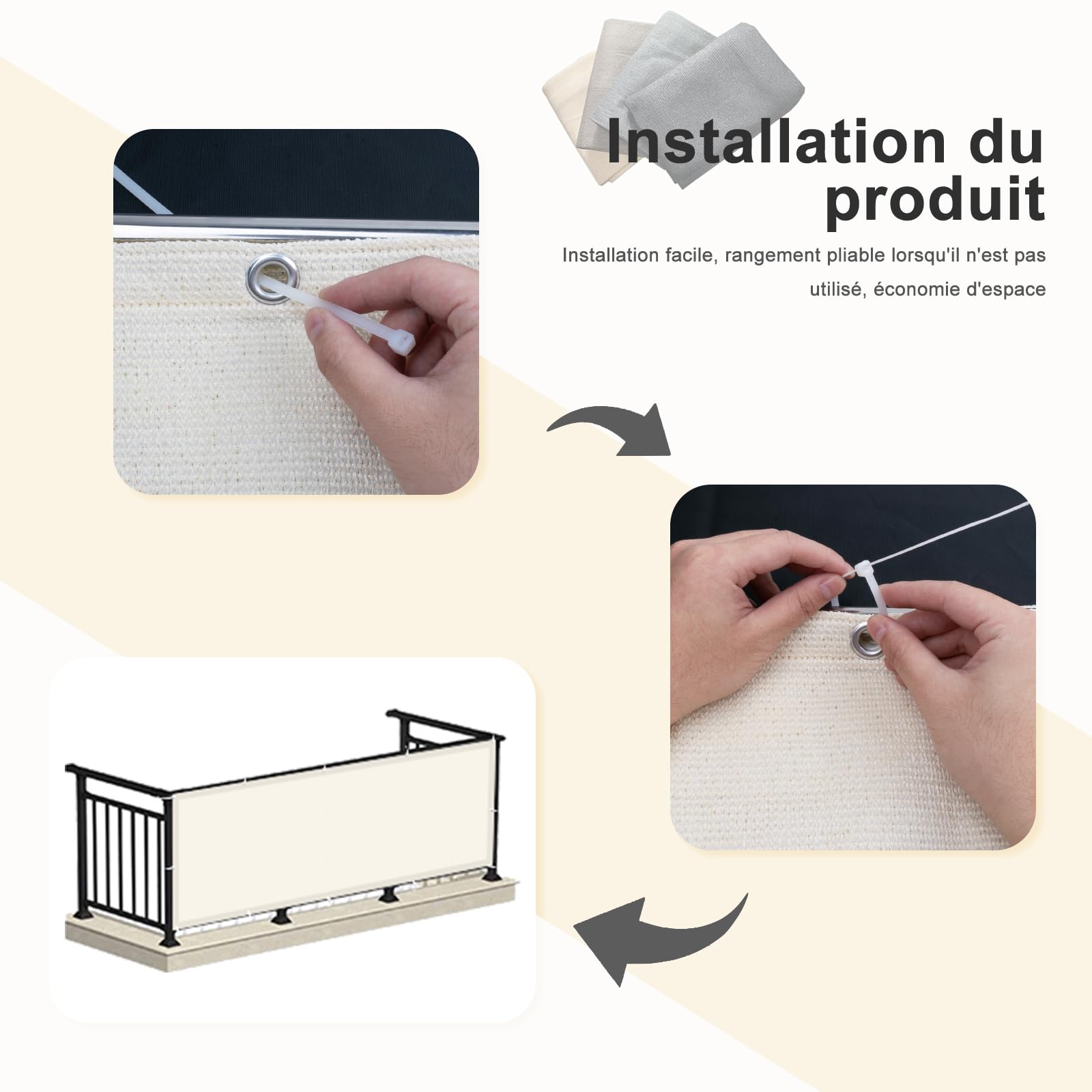 HENG FENG Brise Vue pour Balcon 1x5m,HDPE Cache Balcon,Protection 95% UV, Résistant aux Déchirures et au Vent, avec Attaches de Câble, Crème