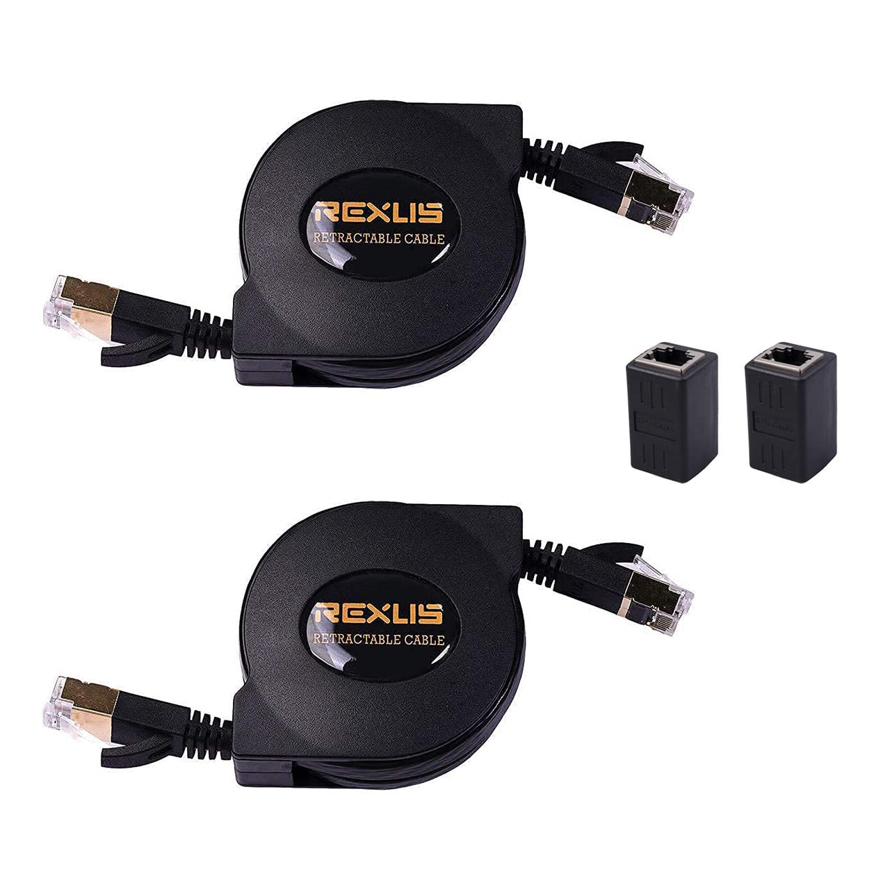 REXUS 2-Pack Retractable Cat 7 Flat Ethernet Network Cable 4.9 FT (1.5 M) with 2 RJ45 Coupler, High-Class 10 Gigabit LAN Wires Internet Patch Cable