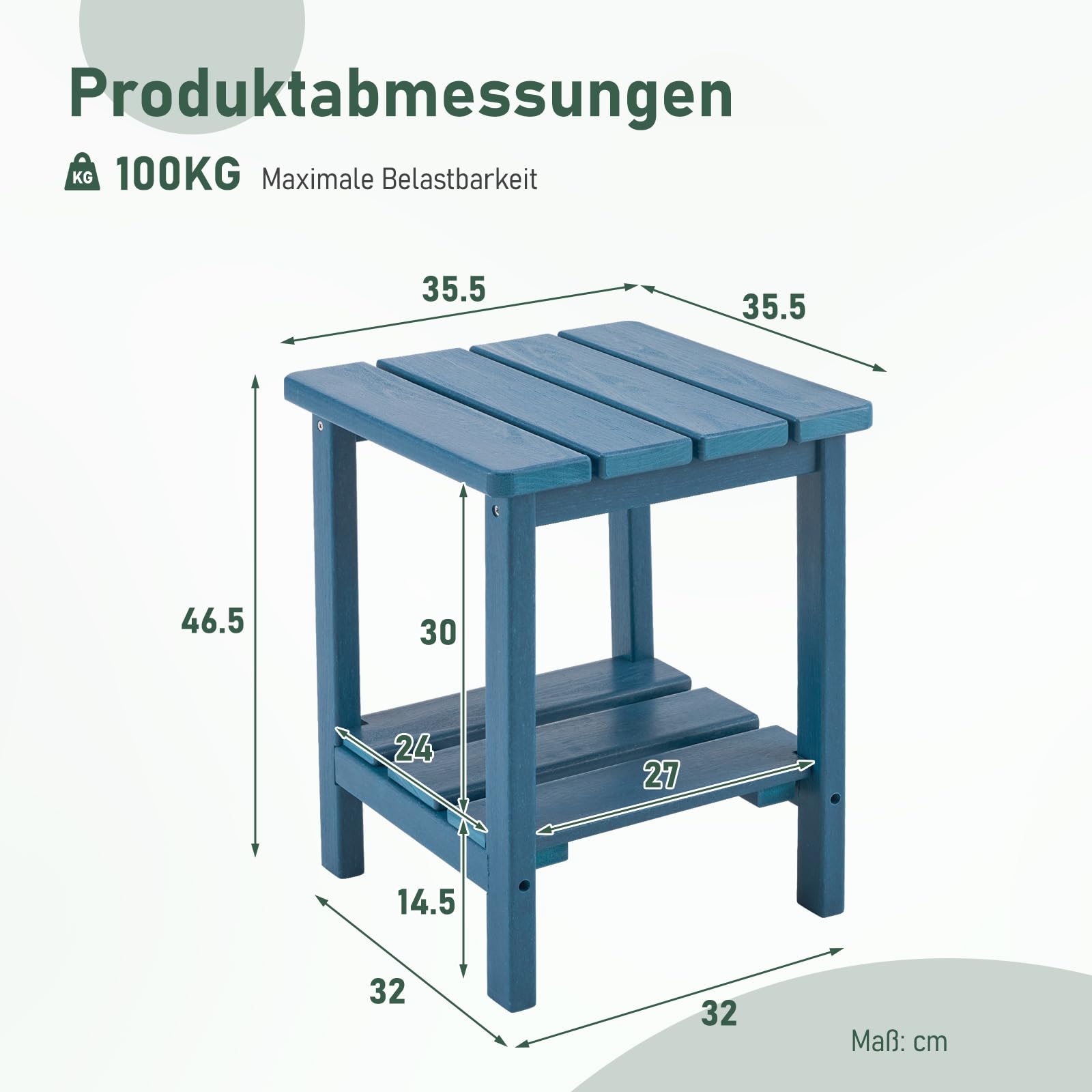 Adirondack Quadratischer Robuster 2-stufiger Beistelltisch aus verstärkter HDPE, Balkontisch & Außentisch für Terrasse, Garten, Pool, Wetterfester Kleiner Tisch (Blau)