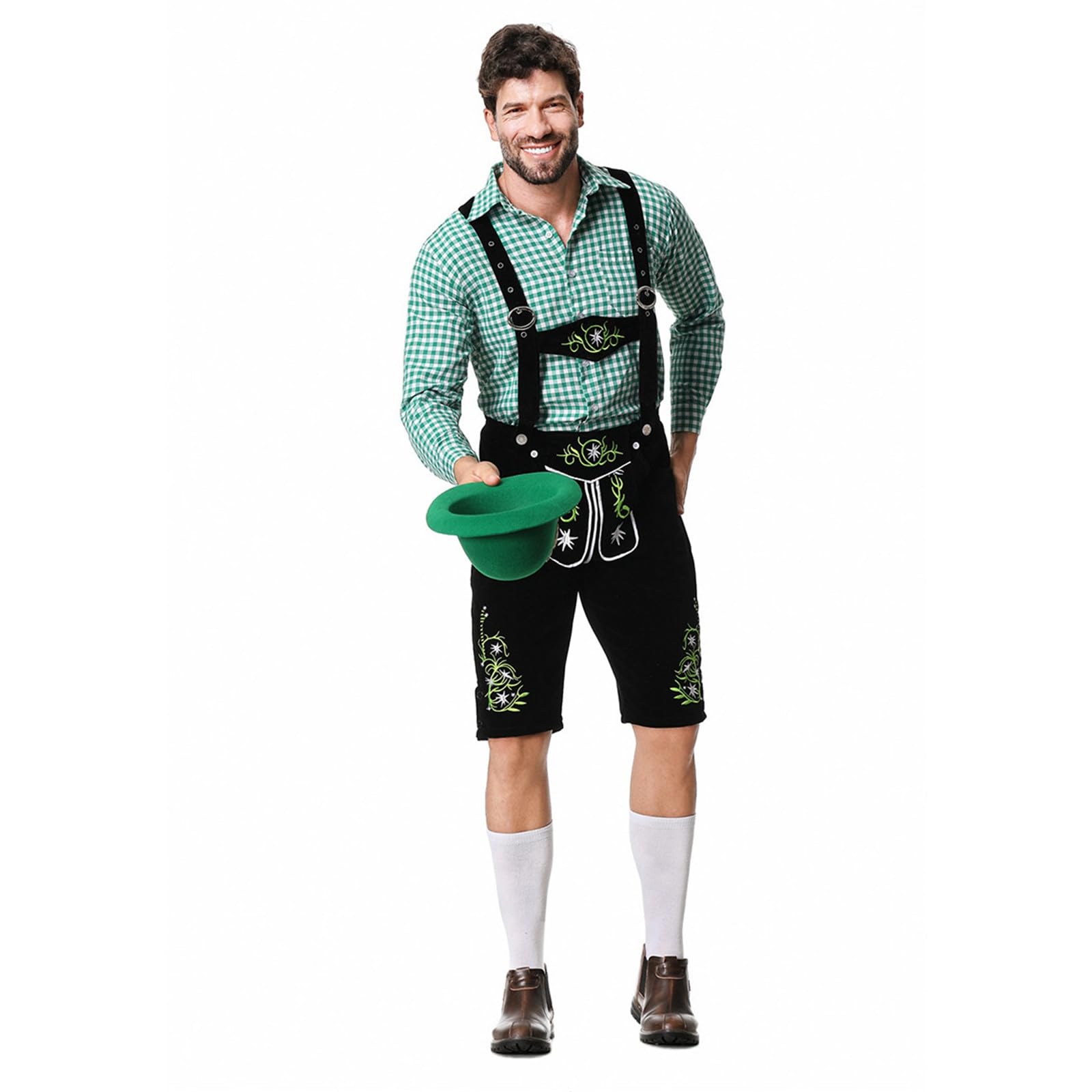 Lederhose Herren Kurz Schwarz,Lederhosen Mit TräGern Klassisch Trachtenhose Mit Stickerei Hemd Trachtenhosen Elegant Und Bequem Trachten Lederhose FüR Oktoberfest Bierfest