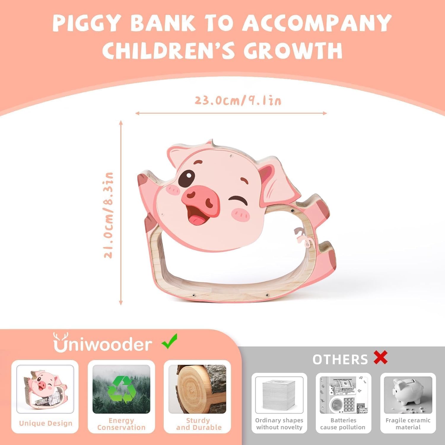 Wooden Piggy Bank for Kids, Unbreakable Pig Bank with Sticker, Large Toddler Piggy Bank for Girls & Boys, Easter Birthday Gifts for Kids, Educational Toys Room Decor