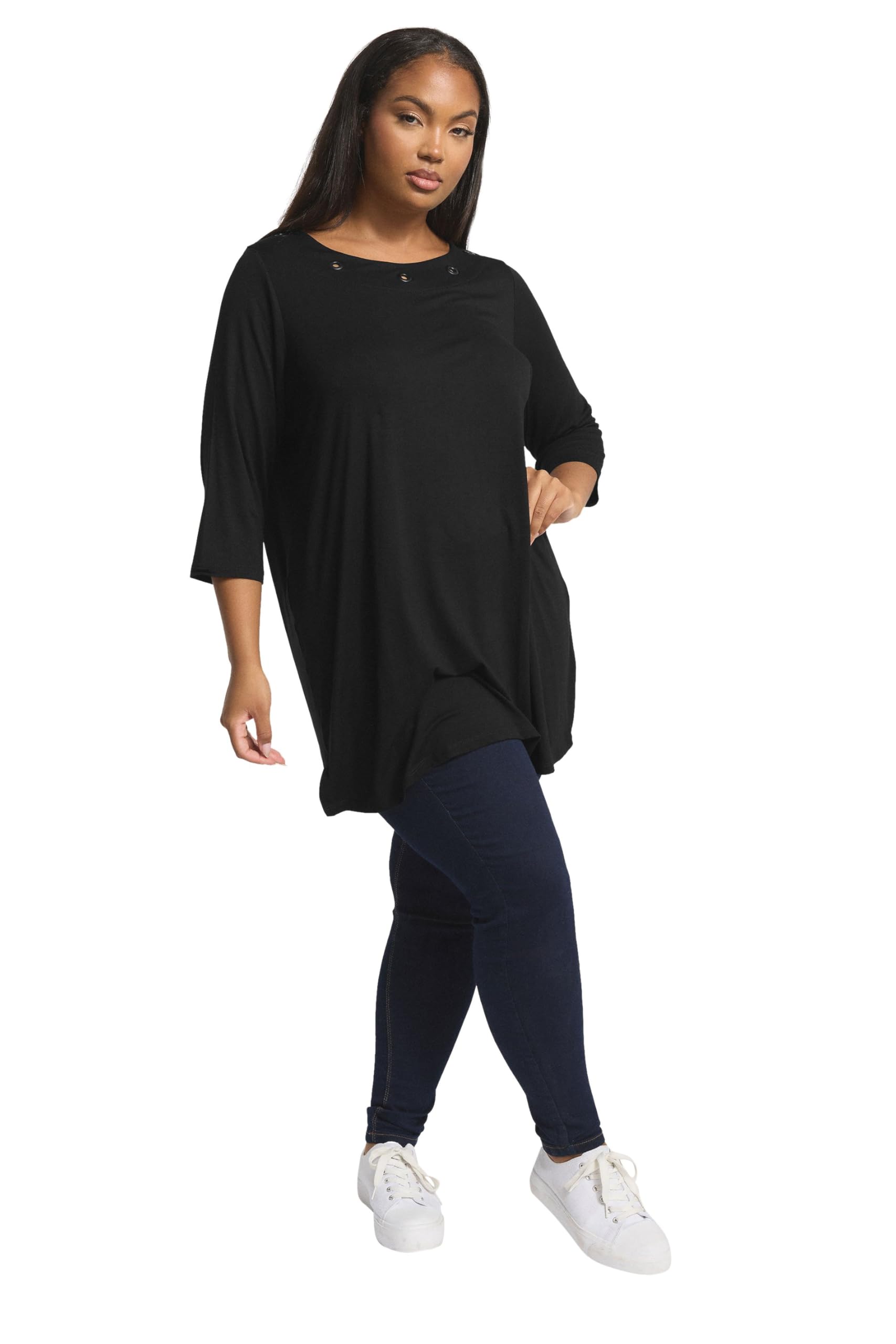 Yours Women's Black Eyelet Detail 3/4 Sleeve Top In | : 22/24