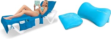 ITSA Beach Comfort Bundle   Terry Towelling Lightweight Beach Towel with Pockets & Handles | 100% Cotton Light Blue + Towel Trapper Inflatable Beach & Travel PillowCaribbean Turquoise