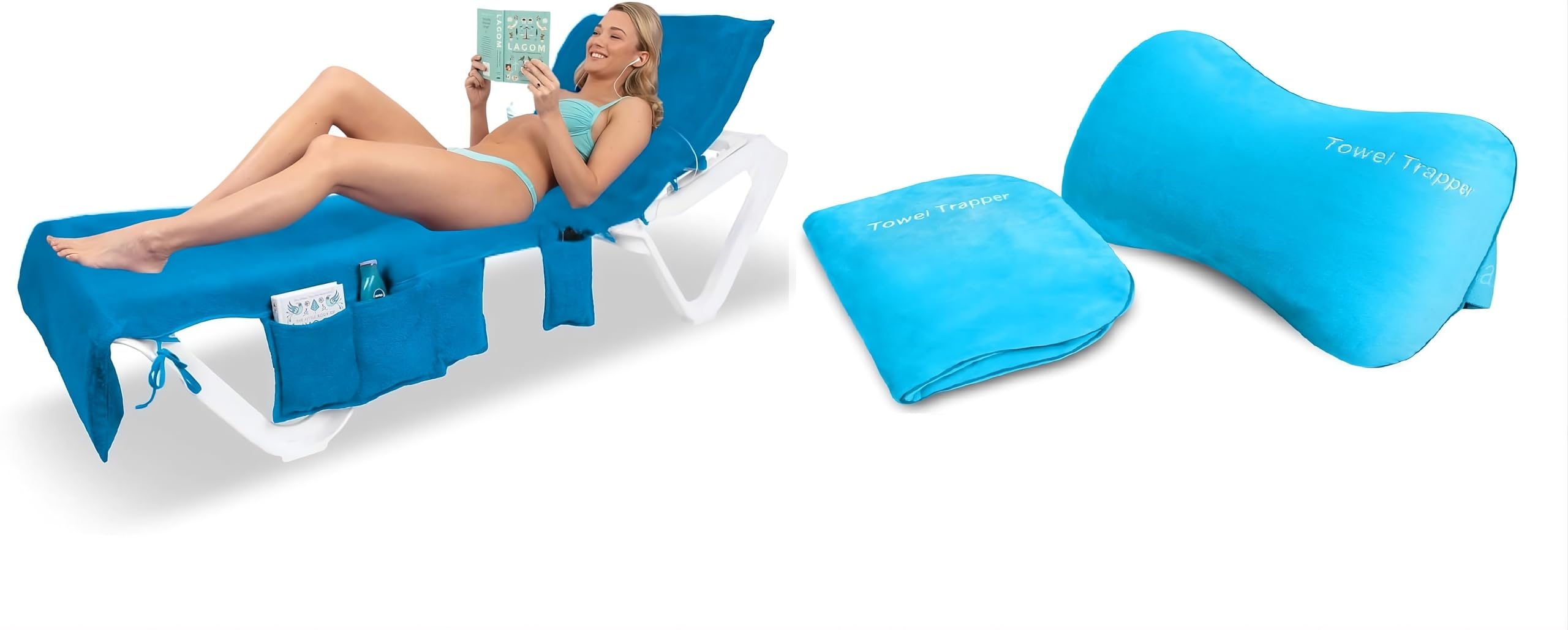 ITSA Beach Comfort Bundle – Terry Towelling Lightweight Beach Towel with Pockets & Handles | 100% Cotton (Light Blue) + Towel Trapper Inflatable Beach & Travel Pillow(Caribbean Turquoise)