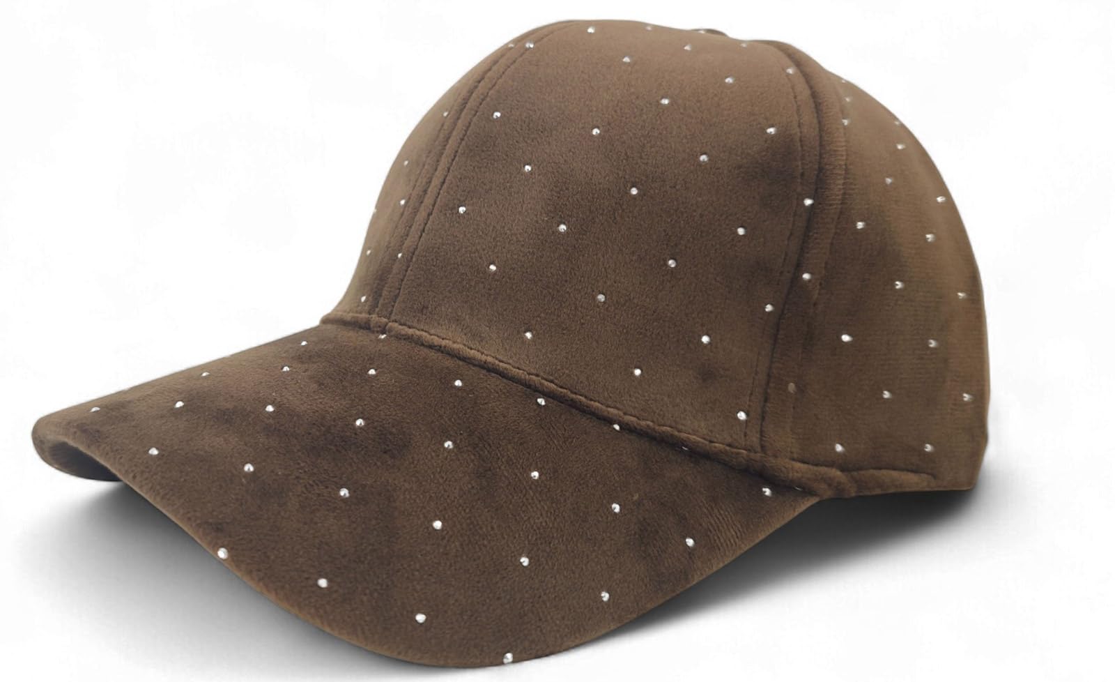 Stylebreaker Women's Mocca Brown Baseball Cap With Rhinestone Studs | 6-Panel Velvet Basecap With Curved Visor | Adjustable Solid Color Cap With Hook And Loop Fastener 56-59 Cm,