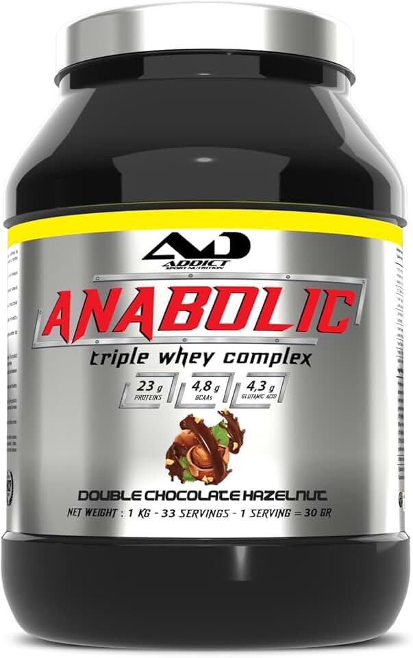 Addict sport nutrition - Tri whey 80% Anabolic whey - Protéine de lactosérum concentrée, isolée et hydrolysée - Protéine pure - BCAA - Croissance musculaire et récupération - 1kg - Chocolat - noisette