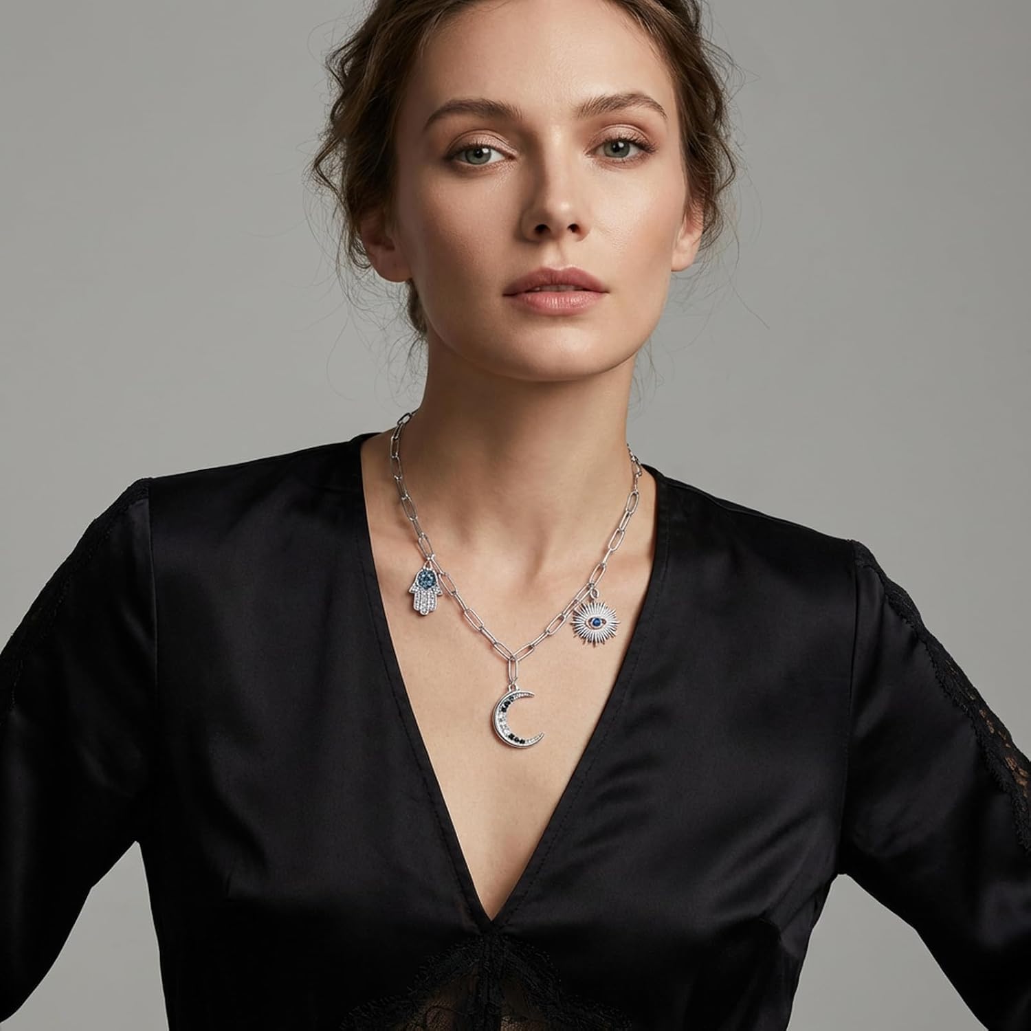 Evil Eye Hand of Fatima Crescent Moon Necklace Stainless Steel Cubic Zirconia Trendy Punk Hamsa Hand Moon Turkish Evil Eye Pendant Necklaces Amulet Jewelry for Women Men Hanukkah Eid Ramadan Gifts - Image 4