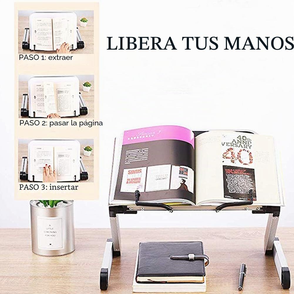 Atril para Libros -Altura y ángulo Ajustable Soporte para Libro, Atril de Lectura con Brazos de Aluminio y Clips de Carpeta, Soporte Libros para Big Heavy HardCover, Receta y portátil iPad