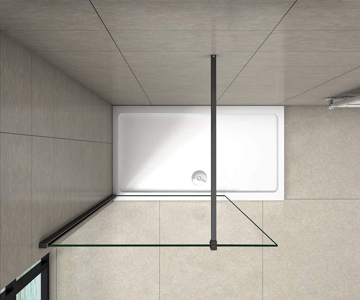 Parete Doccia Walk-In 100x200cm Vetro 8mm easy clean Barra Tagliabile: 90cm | Telaio Nero Opaco, Vetro Temperato, Stabilizzatrice