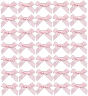 7Rainbows 50pcs Boutique Mini Pink Satin Ribbon Bows Appliques DIY Craft for Sewing Scrapbooking Wedding and Gift